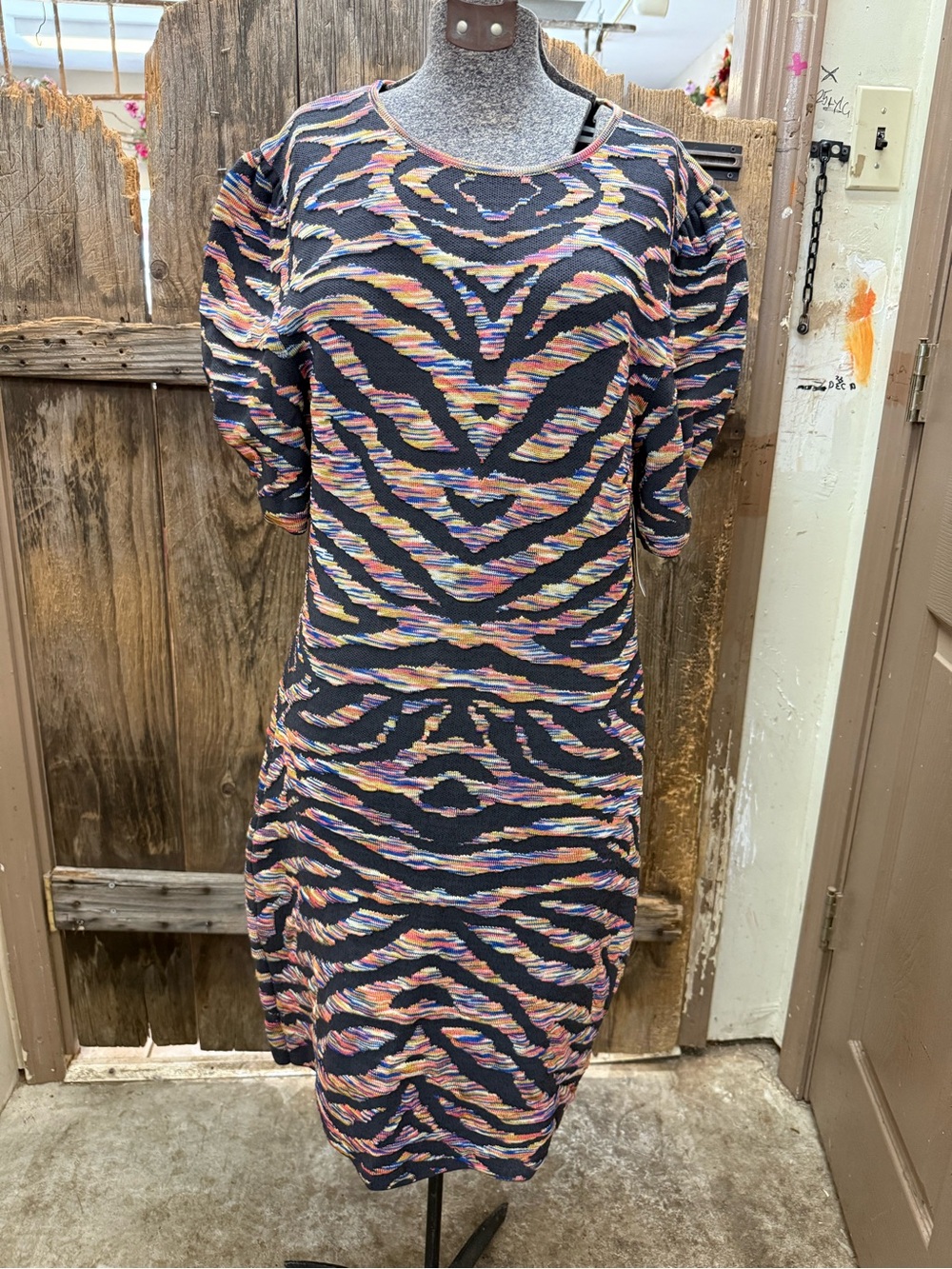 Free People Black Knit Midi Dress with Multicolor Wave Pattern
